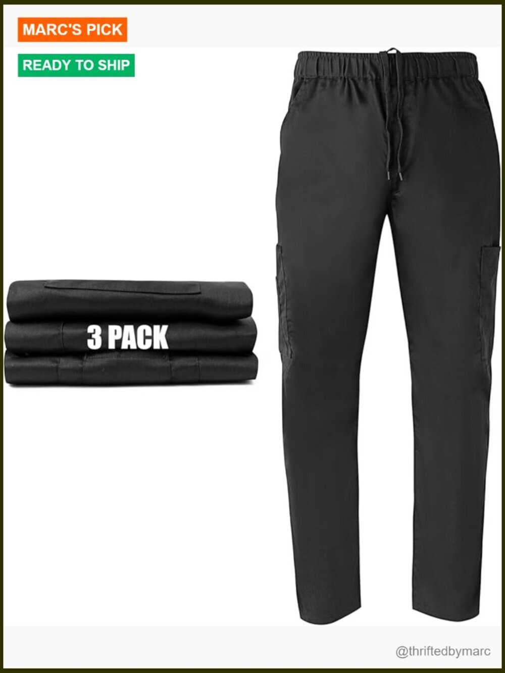 Black Cargo Chef Pants 7 Pockets Straight Leg Elastic Waist